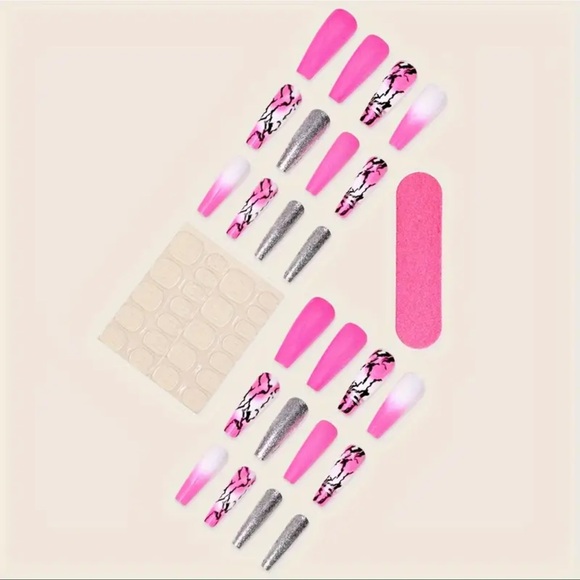 Press-On Nails, NIB, Pink, Black & White, Long Coffin, Party Ready Instantly - Picture 4 of 9